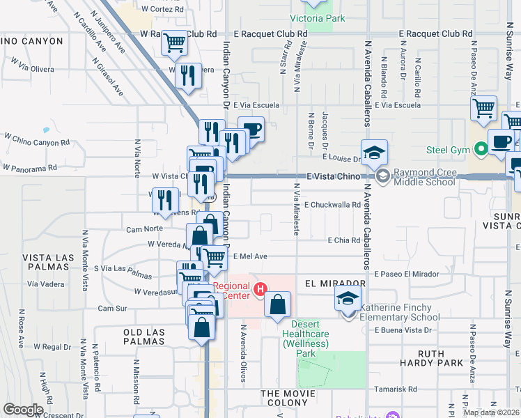 map of restaurants, bars, coffee shops, grocery stores, and more near 354 East Stevens Road in Palm Springs
