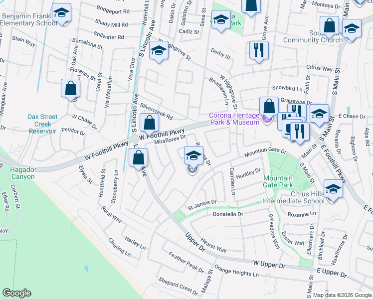 map of restaurants, bars, coffee shops, grocery stores, and more near 955 Naples Drive in Corona