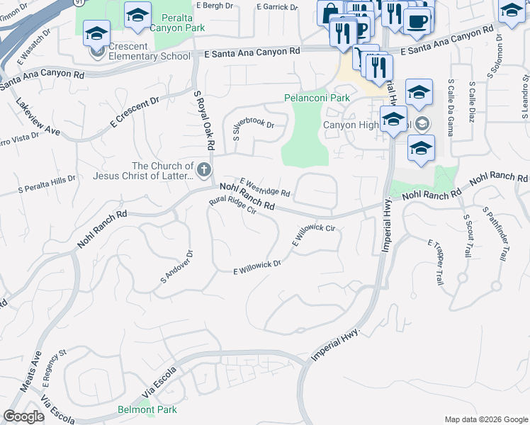 map of restaurants, bars, coffee shops, grocery stores, and more near 5358 Rural Ridge Circle in Anaheim