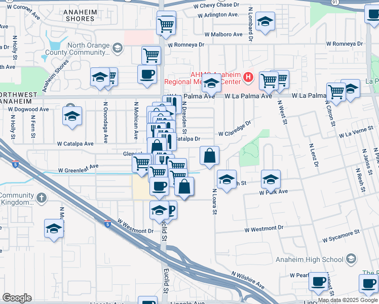 map of restaurants, bars, coffee shops, grocery stores, and more near 801 North Loara Street in Anaheim