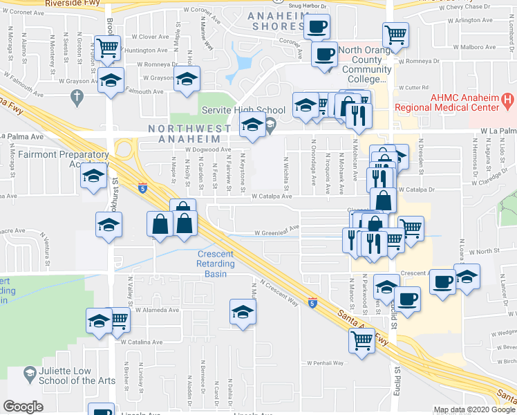map of restaurants, bars, coffee shops, grocery stores, and more near 1924 Glenoaks Avenue in Anaheim