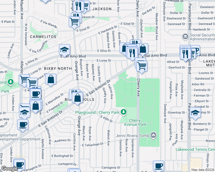 map of restaurants, bars, coffee shops, grocery stores, and more near 4658 Falcon Avenue in Long Beach
