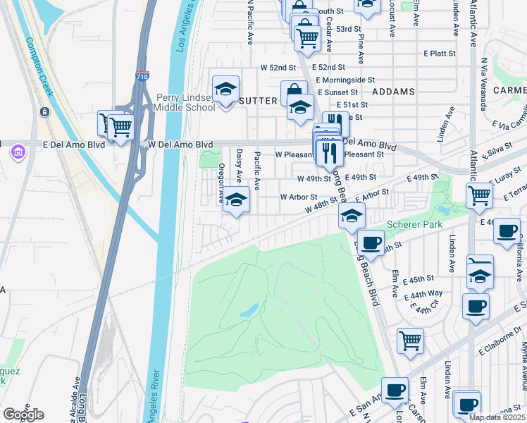 map of restaurants, bars, coffee shops, grocery stores, and more near 4792 West 48th Street in Long Beach