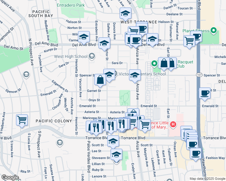 map of restaurants, bars, coffee shops, grocery stores, and more near 20604 Victor Street in Torrance