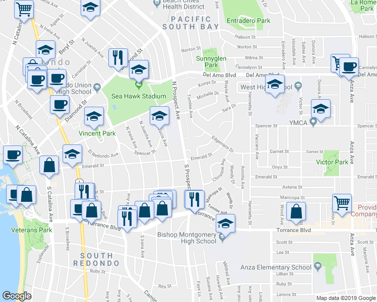 map of restaurants, bars, coffee shops, grocery stores, and more near 117 North Prospect Avenue in Redondo Beach
