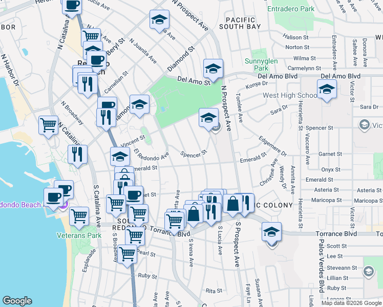 map of restaurants, bars, coffee shops, grocery stores, and more near 916 Spencer Street in Redondo Beach