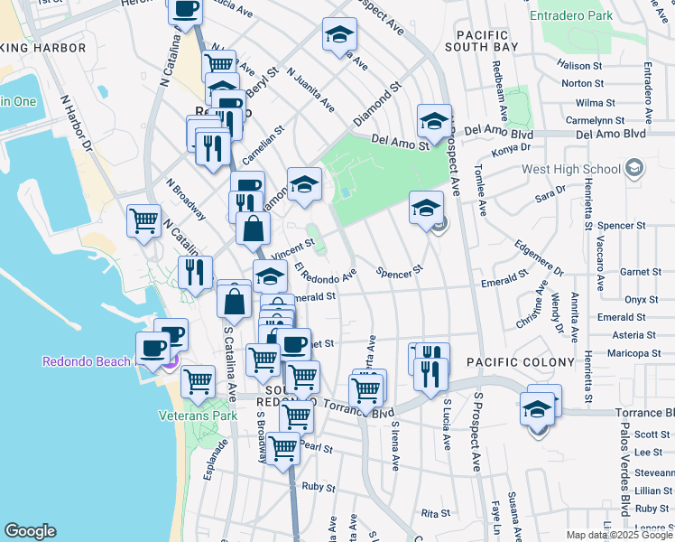 map of restaurants, bars, coffee shops, grocery stores, and more near 622 El Redondo in Redondo Beach