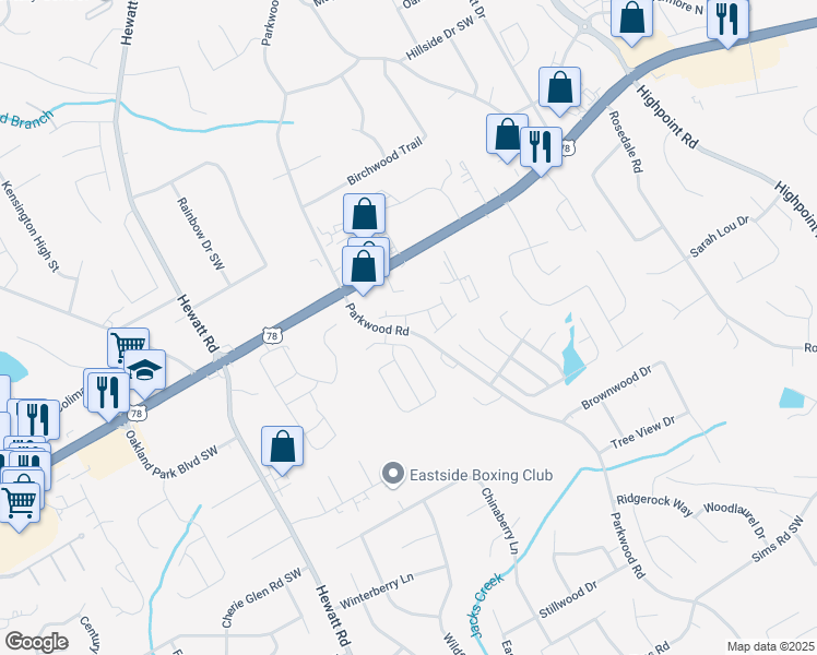 map of restaurants, bars, coffee shops, grocery stores, and more near 2262 Parkwood Road in Snellville