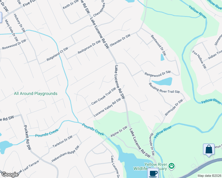 map of restaurants, bars, coffee shops, grocery stores, and more near 4571 Cain Creek Trail Southwest in Lilburn