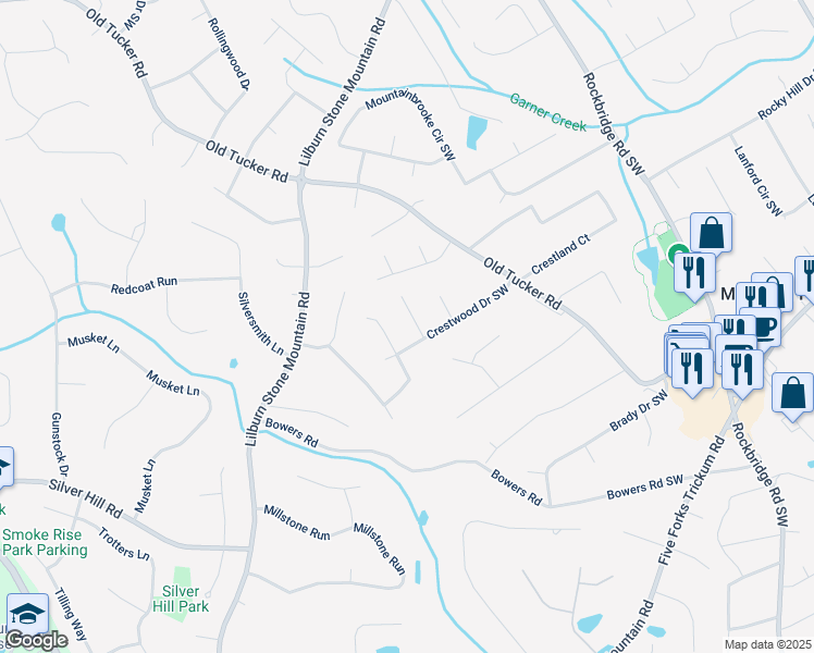 map of restaurants, bars, coffee shops, grocery stores, and more near 1019 Crestwood Lane in Stone Mountain