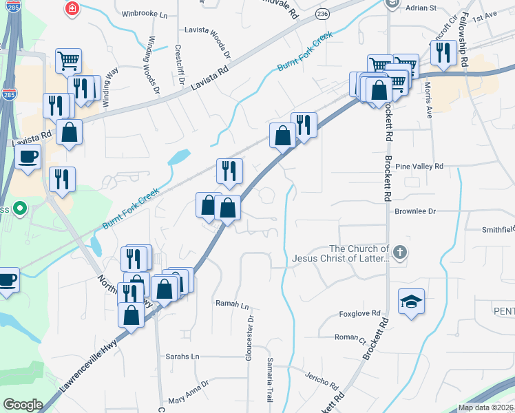 map of restaurants, bars, coffee shops, grocery stores, and more near 3555 Lawrenceville Highway in Tucker
