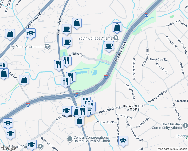 map of restaurants, bars, coffee shops, grocery stores, and more near 2070-2198 I- 85 Frontage Rd in Atlanta