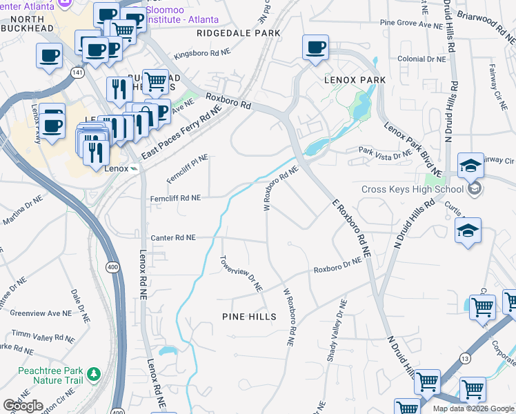 map of restaurants, bars, coffee shops, grocery stores, and more near 3230 West Roxboro Road Northeast in Atlanta