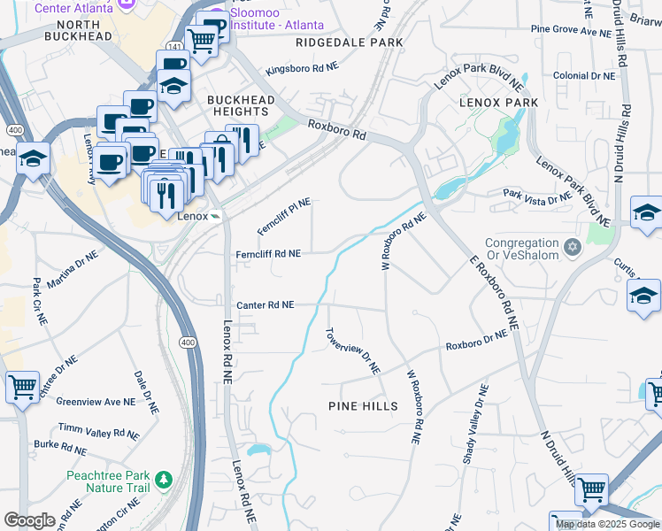 map of restaurants, bars, coffee shops, grocery stores, and more near 1065 Ferncliff Road Northeast in Atlanta