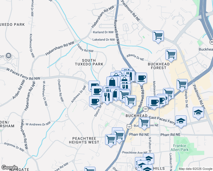 map of restaurants, bars, coffee shops, grocery stores, and more near 141 East Andrews Drive Northwest in Atlanta