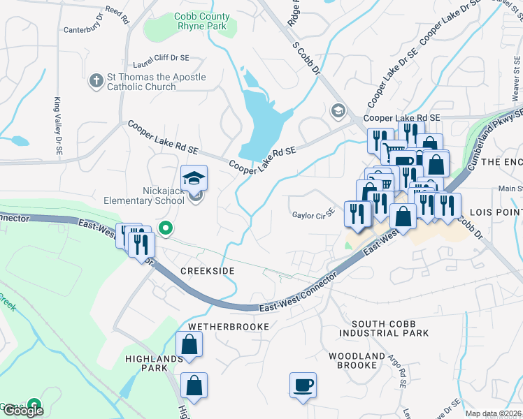 map of restaurants, bars, coffee shops, grocery stores, and more near 5170 Laurel Bridge Court Southeast in Smyrna