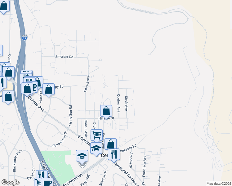 map of restaurants, bars, coffee shops, grocery stores, and more near 19039 Quebec Avenue in Corona