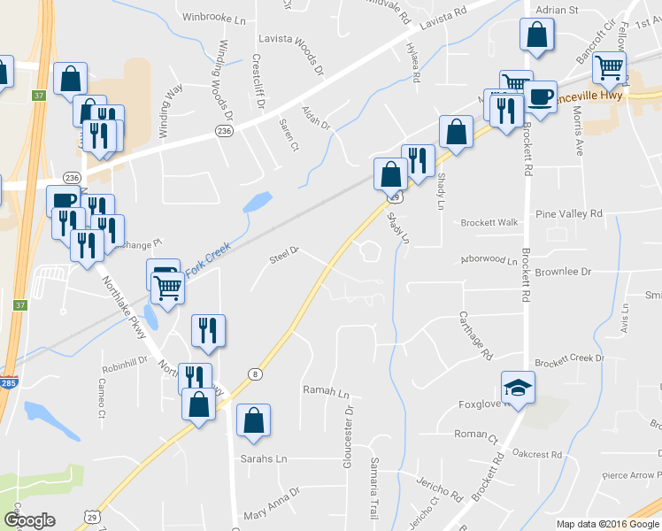 map of restaurants, bars, coffee shops, grocery stores, and more near 3565 Lawrenceville Highway in Tucker