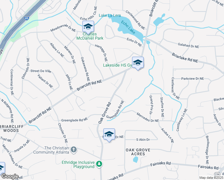 map of restaurants, bars, coffee shops, grocery stores, and more near 2050 Oak Grove Road in Atlanta