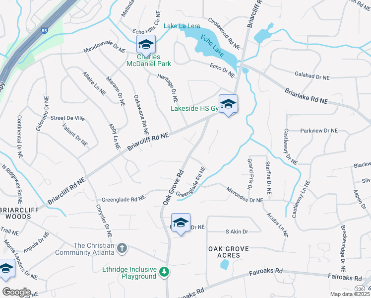 map of restaurants, bars, coffee shops, grocery stores, and more near 2050 Oak Grove Road in Atlanta