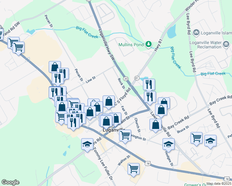 map of restaurants, bars, coffee shops, grocery stores, and more near 215 Fair Street in Loganville