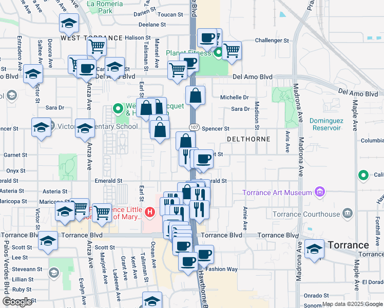 map of restaurants, bars, coffee shops, grocery stores, and more near Hawthorne Blvd & Garnet St in Torrance