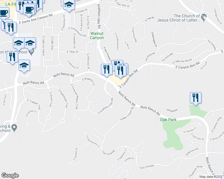 map of restaurants, bars, coffee shops, grocery stores, and more near 500 S Anaheim Hills Road in Anaheim