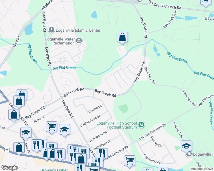 map of restaurants, bars, coffee shops, grocery stores, and more near 616 Hunters Cove Lane in Loganville