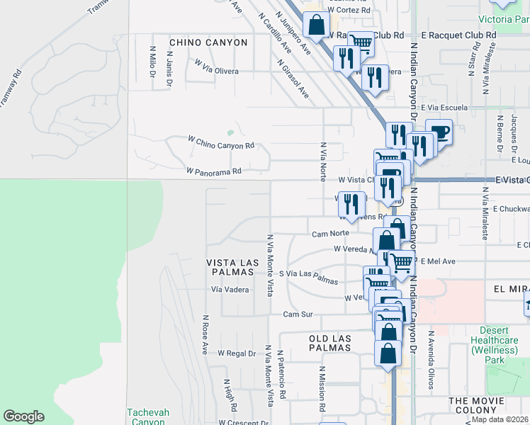map of restaurants, bars, coffee shops, grocery stores, and more near 601 West Stevens Road in Palm Springs