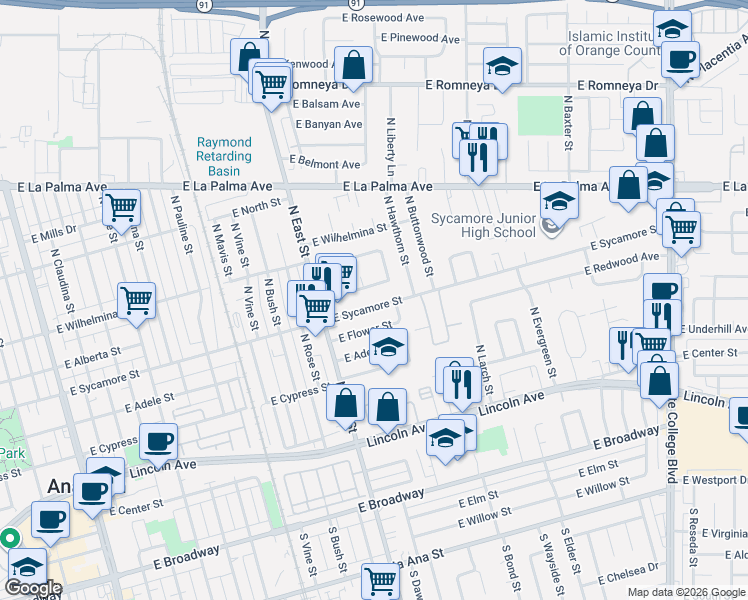 map of restaurants, bars, coffee shops, grocery stores, and more near 1262 East Sycamore Street in Anaheim