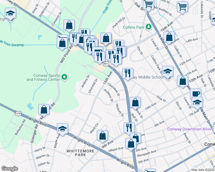 map of restaurants, bars, coffee shops, grocery stores, and more near 1505 Cherokee Street in Conway