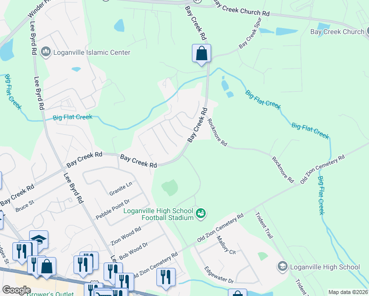 map of restaurants, bars, coffee shops, grocery stores, and more near 501 Sea Dunes Court in Loganville