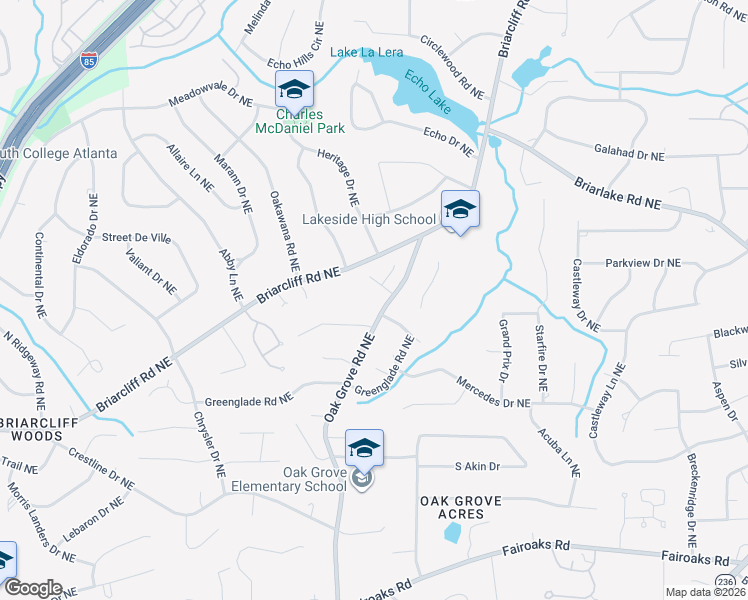 map of restaurants, bars, coffee shops, grocery stores, and more near 2050 Oak Grove Road in Atlanta