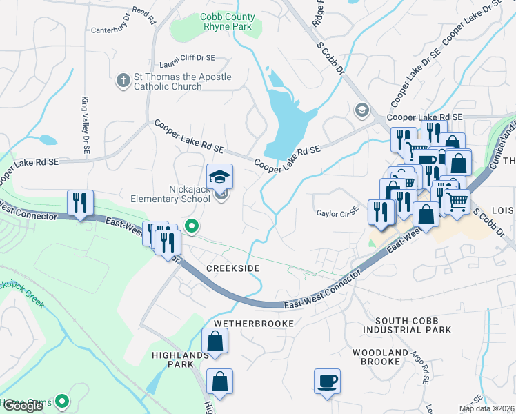 map of restaurants, bars, coffee shops, grocery stores, and more near 5202 Laurel Bridge Drive Southeast in Smyrna