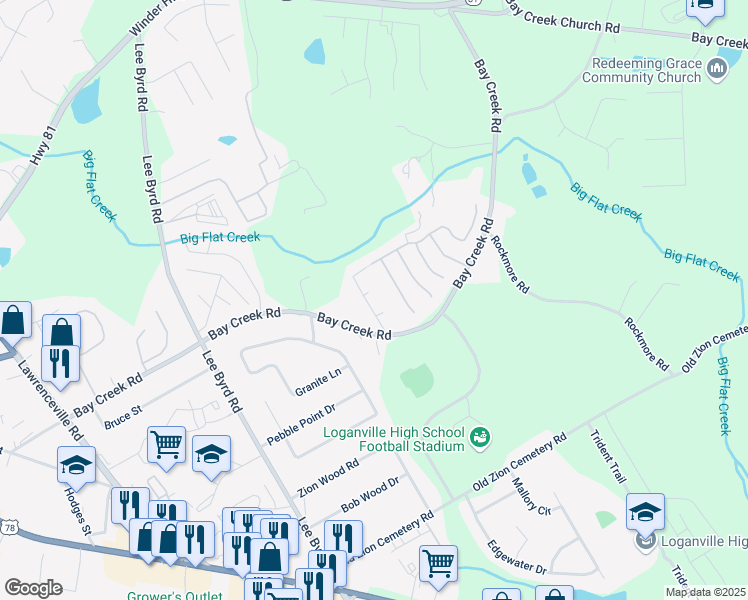 map of restaurants, bars, coffee shops, grocery stores, and more near 613 Hunters Cove Lane in Loganville