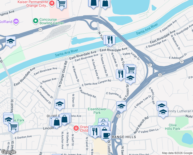 map of restaurants, bars, coffee shops, grocery stores, and more near 4062 North Santa Anita Street in Orange