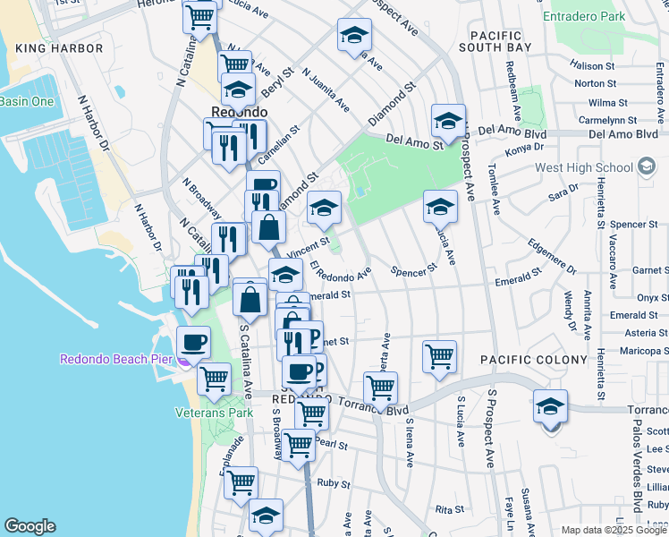 map of restaurants, bars, coffee shops, grocery stores, and more near 708 El Redondo Avenue in Redondo Beach