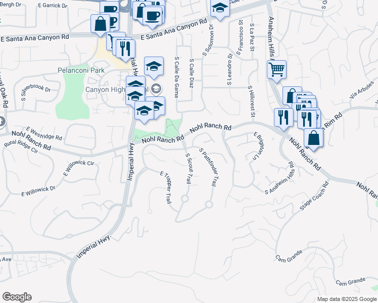 map of restaurants, bars, coffee shops, grocery stores, and more near 530 South Scout Trail in Anaheim