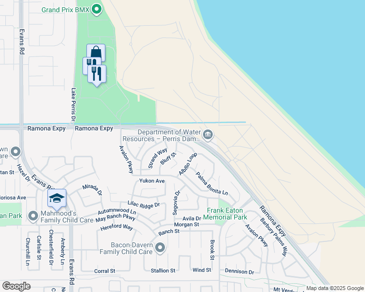 map of restaurants, bars, coffee shops, grocery stores, and more near 1357 Cane Bay Lane in Perris