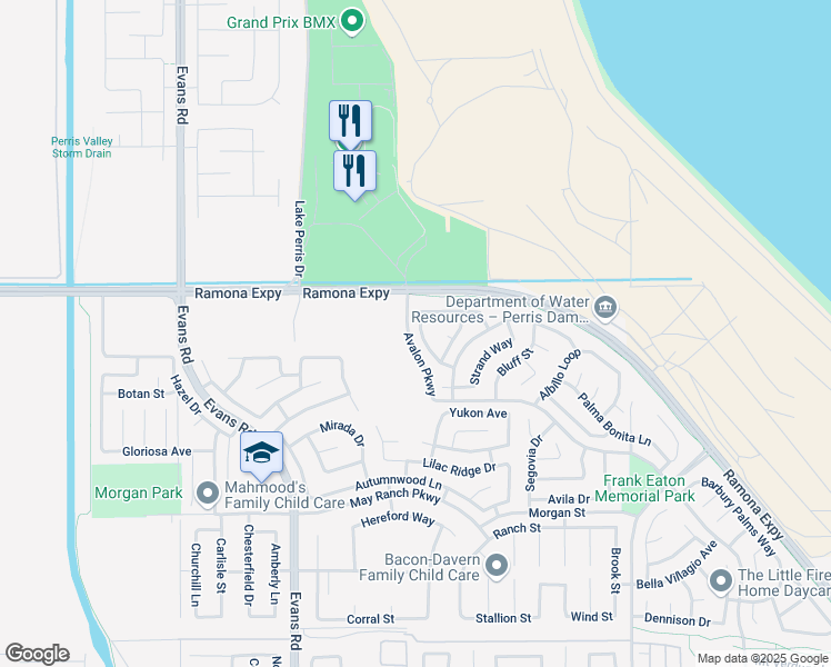 map of restaurants, bars, coffee shops, grocery stores, and more near 3956 Chardonnay Drive in Perris