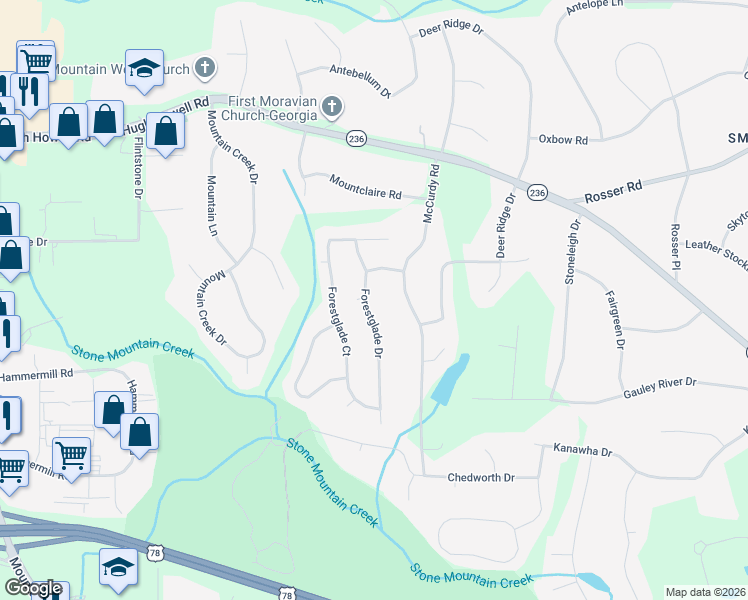 map of restaurants, bars, coffee shops, grocery stores, and more near 2235 Forestglade Drive in Stone Mountain
