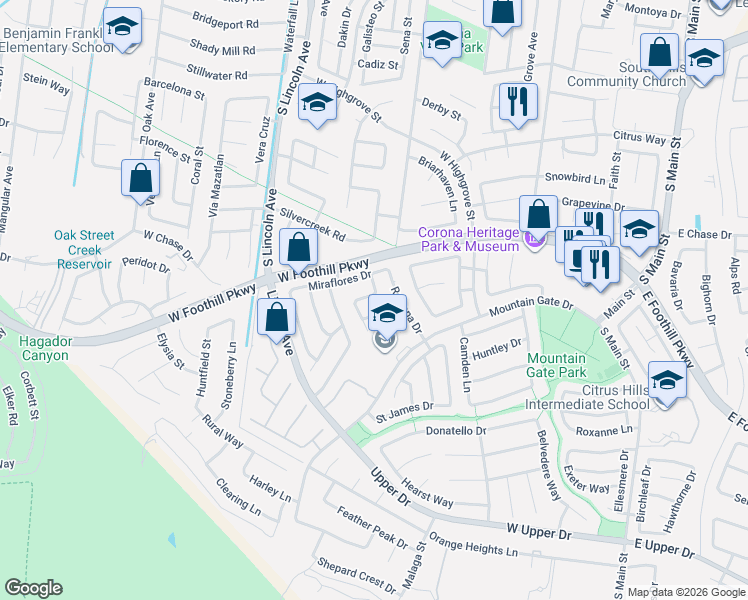 map of restaurants, bars, coffee shops, grocery stores, and more near 955 Naples Drive in Corona