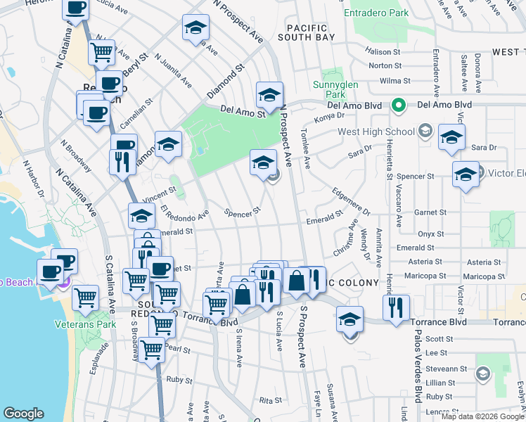 map of restaurants, bars, coffee shops, grocery stores, and more near 109 North Lucia Avenue in Redondo Beach