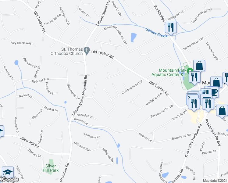 map of restaurants, bars, coffee shops, grocery stores, and more near 1019 Crestwood Lane in Stone Mountain