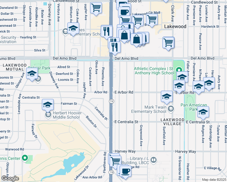 map of restaurants, bars, coffee shops, grocery stores, and more near 4500 Lakewood Boulevard in Long Beach