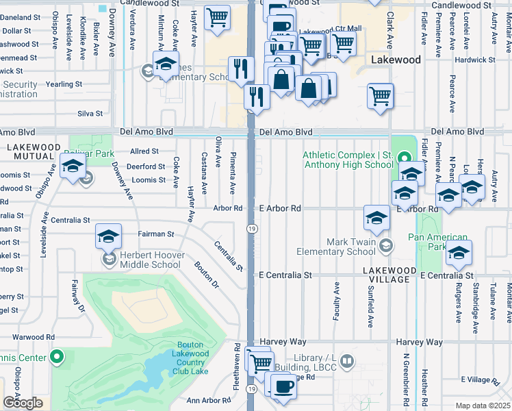 map of restaurants, bars, coffee shops, grocery stores, and more near 4552 Lakewood Boulevard in Long Beach