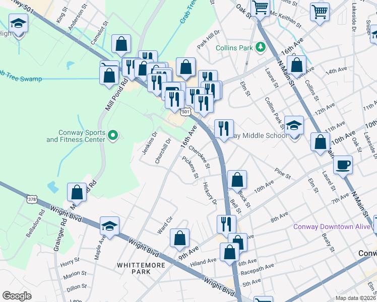 map of restaurants, bars, coffee shops, grocery stores, and more near 1505 Cherokee Street in Conway