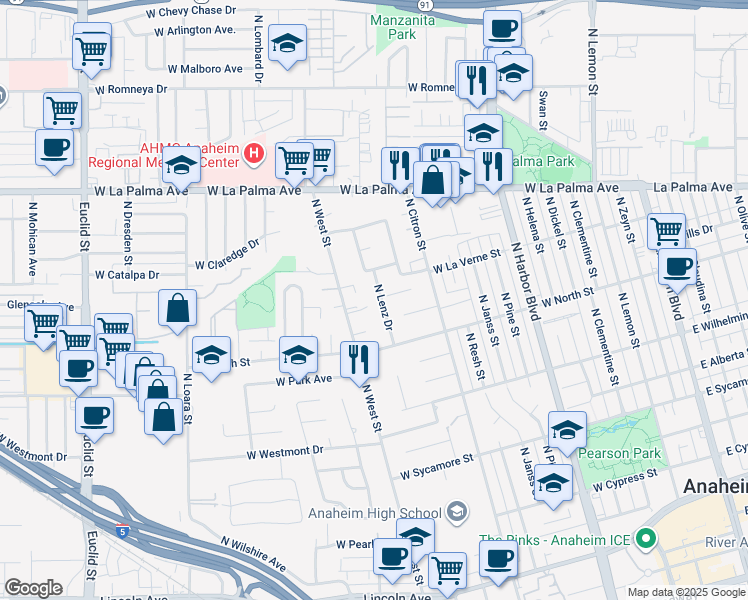map of restaurants, bars, coffee shops, grocery stores, and more near 849 North Lenz Drive in Anaheim