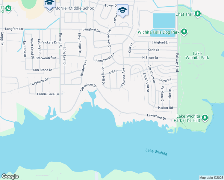 map of restaurants, bars, coffee shops, grocery stores, and more near 2 Southfork Drive in Wichita Falls