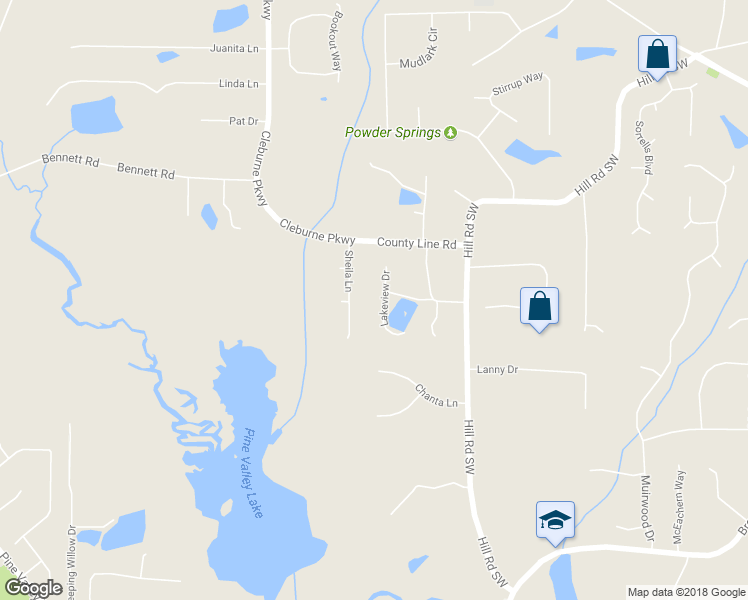 map of restaurants, bars, coffee shops, grocery stores, and more near 5750 Lakeview Drive in Powder Springs